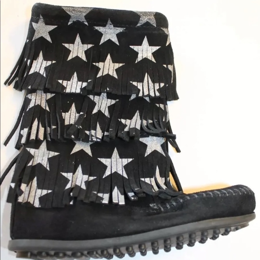 Minnetonka Black Suede Fringe Boots with Silver Stars